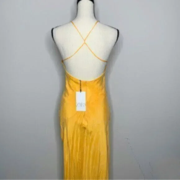 NWT Zara Tangerine Satin Effect Ruched Detail Slip Midi Dress - Picture 6 of 11